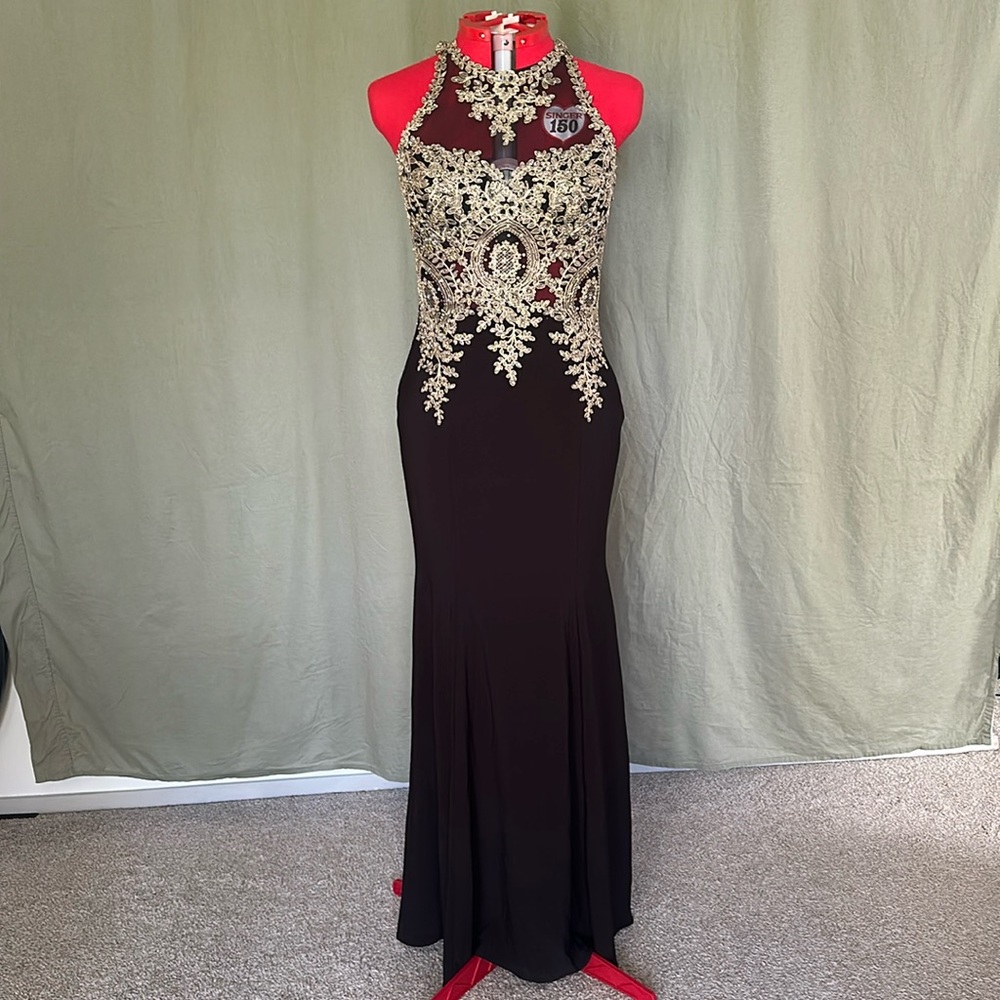 XSCAPE black dress with gold lace mermaid gown